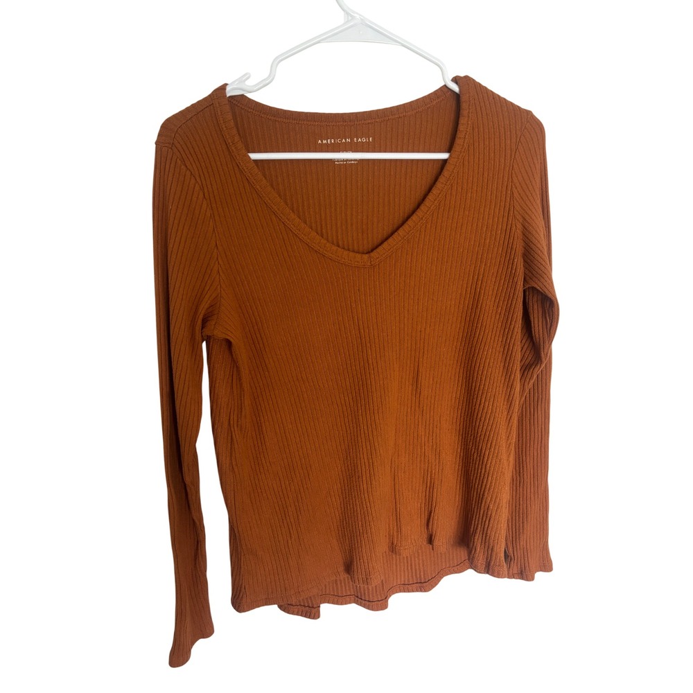 American Eagle Womens Ribbed V-Neck Long Sleeve Top Rust Orange Small